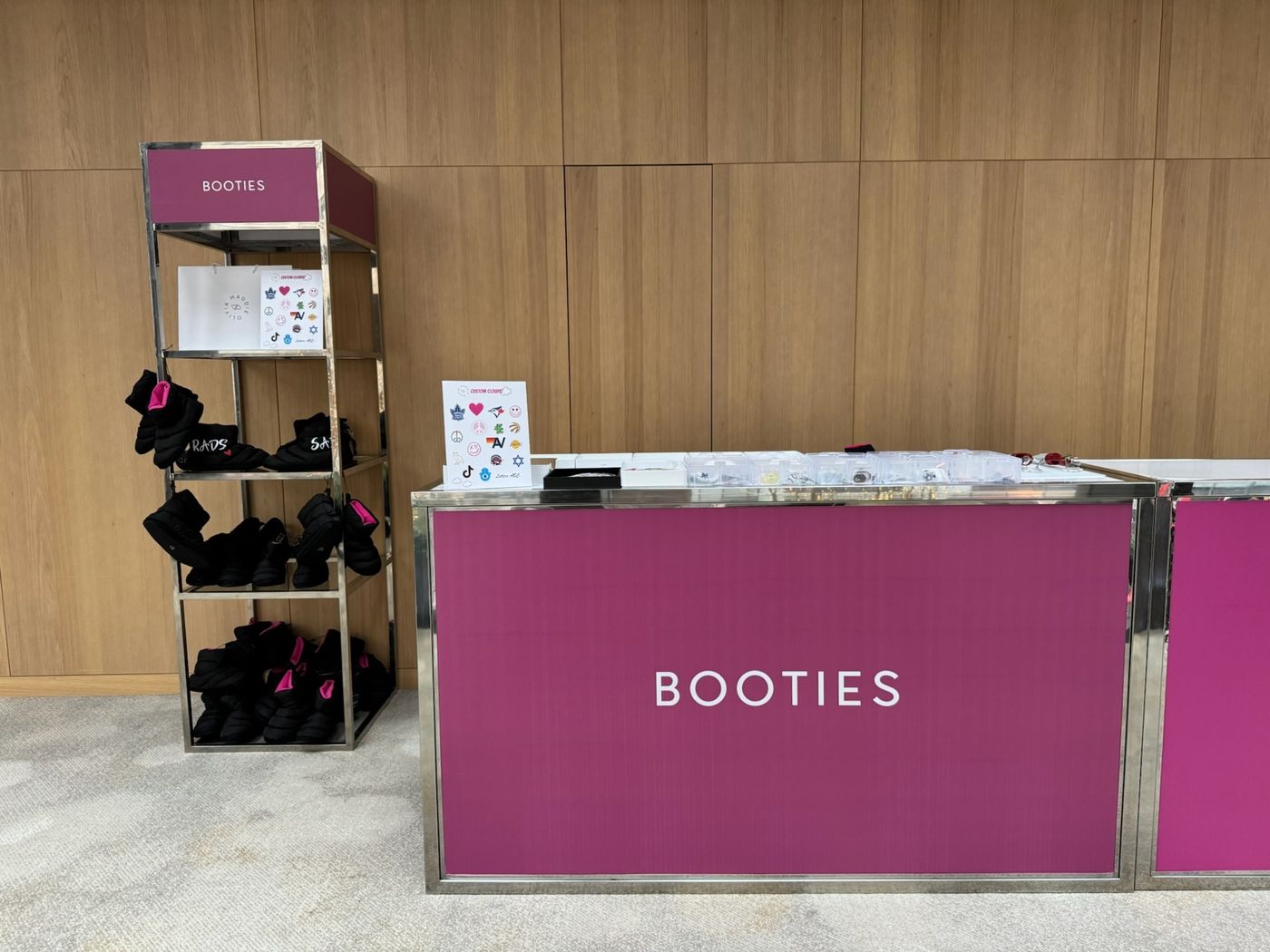 Booties bar with custom puffer slippers and charms